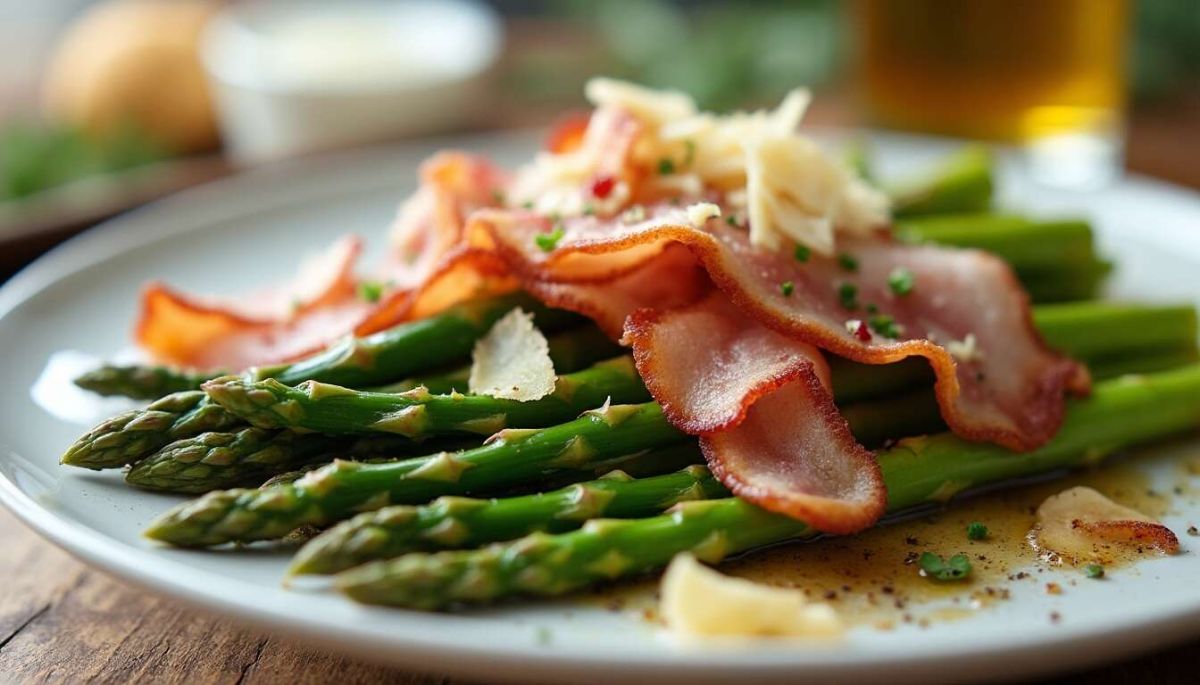 Un délice de printemps : salade d'asperges vertes au lard grillé et fromage