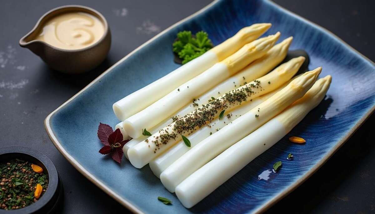 Dégustation d’asperges blanches accompagnées d’une sauce mousseline crémeuse