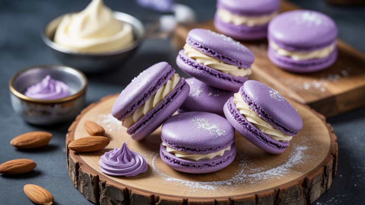 Des macarons floraux à tomber : violette et fromage frais au menu
