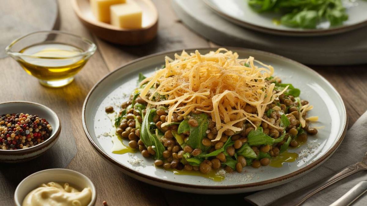 Une salade de lentilles réinventée avec croustillants d'emmental